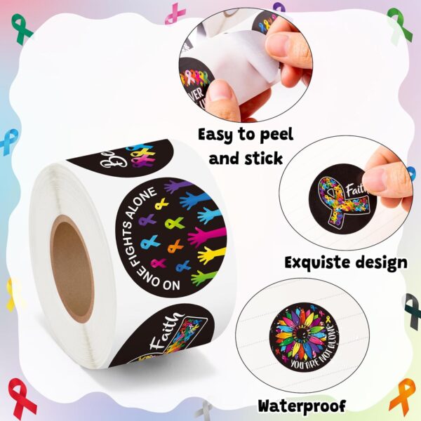 BeYumi Cancer Awareness Roll Stickers - 1000Pcs in 2 Rolls, Waterproof Vinyl Colorful Ribbon Round Decals for Laptop, Bottle, Notebook, Luggage - Gift for Oncology Nurse, Women Decor - Image 3