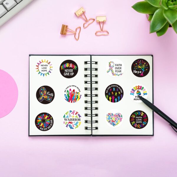 BeYumi Cancer Awareness Roll Stickers - 1000Pcs in 2 Rolls, Waterproof Vinyl Colorful Ribbon Round Decals for Laptop, Bottle, Notebook, Luggage - Gift for Oncology Nurse, Women Decor - Image 4
