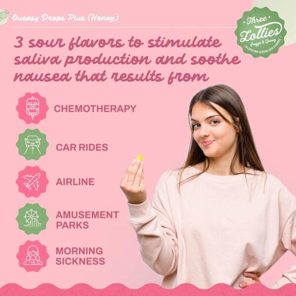 Three Lollies Queasy Drops Plus - Lozenges with Pectin & Honey to Soothe a Dry Mouth - Alleviate Nausea & Motion Sickness - Natural - 21 ct - Image 4
