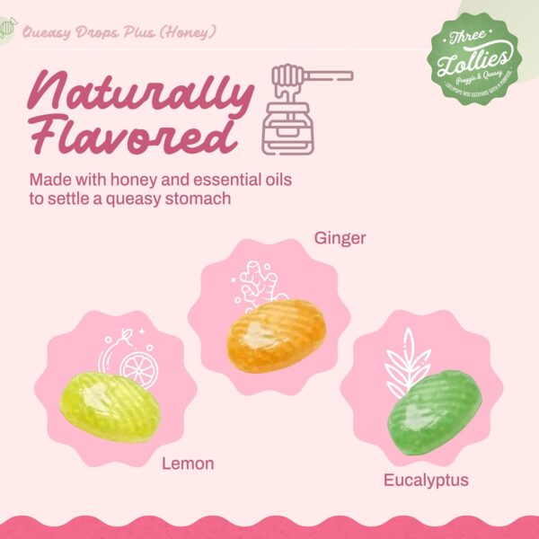 Three Lollies Queasy Drops Plus - Lozenges with Pectin & Honey to Soothe a Dry Mouth - Alleviate Nausea & Motion Sickness - Natural - 21 ct - Image 5