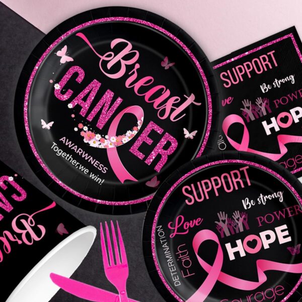 Breast Cancer Awareness Tableware-142Pcs Pink Ribbon Plates and Napkins Kit Hope Love Cure Party Decorations Black Pink Disposable Tableware for Women Charity Activities - Image 3