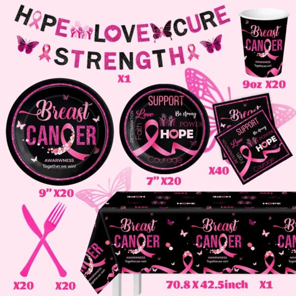 Breast Cancer Awareness Tableware-142Pcs Pink Ribbon Plates and Napkins Kit Hope Love Cure Party Decorations Black Pink Disposable Tableware for Women Charity Activities - Image 4
