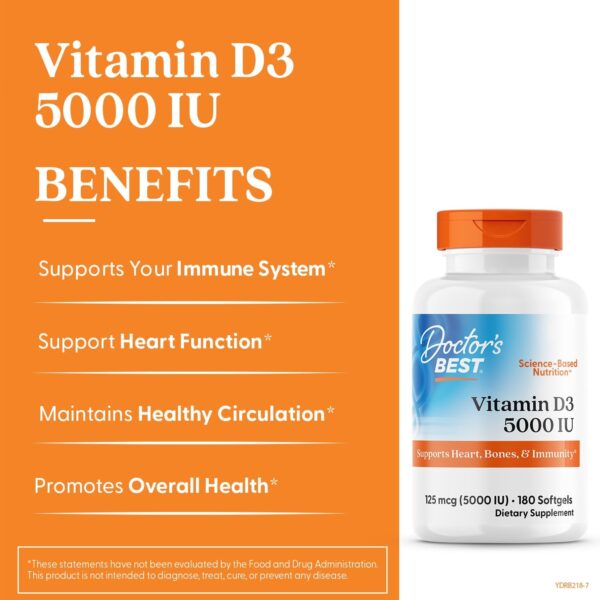 Doctor's Best Vitamin D3 5000IU, Non-GMO, Gluten & Soy Free, Regulates Immune Function, Supports Healthy Bones, White, No Flavour, 180 Count - Image 3