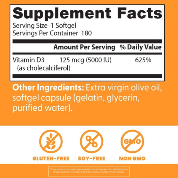Doctor's Best Vitamin D3 5000IU, Non-GMO, Gluten & Soy Free, Regulates Immune Function, Supports Healthy Bones, White, No Flavour, 180 Count - Image 4