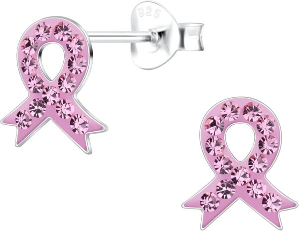 925 Sterling Silver Pink Crystals Breast Cancer Ribbon or Your Choice Colors Stud Earrings - Image 3