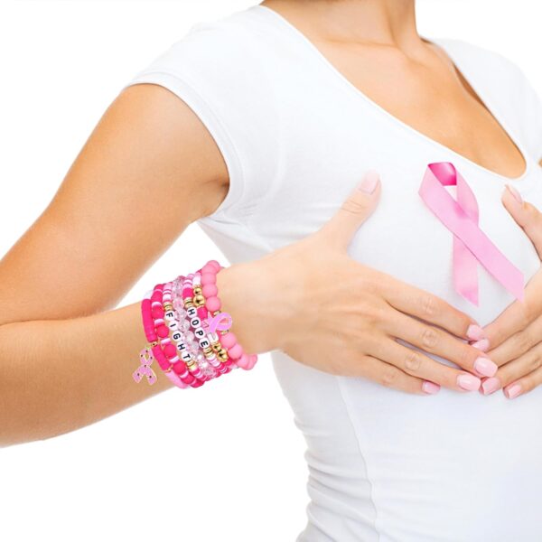 FAERLIIRY Pink Ribbon Bracelets Breast Cancer Survivor Gifts for Woman Glitter Beaded Bracelet HOPE FIGHT Pink Bracelets Breast Cancer Survivor Support Jewelry Gifts - Image 3