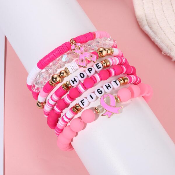 FAERLIIRY Pink Ribbon Bracelets Breast Cancer Survivor Gifts for Woman Glitter Beaded Bracelet HOPE FIGHT Pink Bracelets Breast Cancer Survivor Support Jewelry Gifts - Image 4