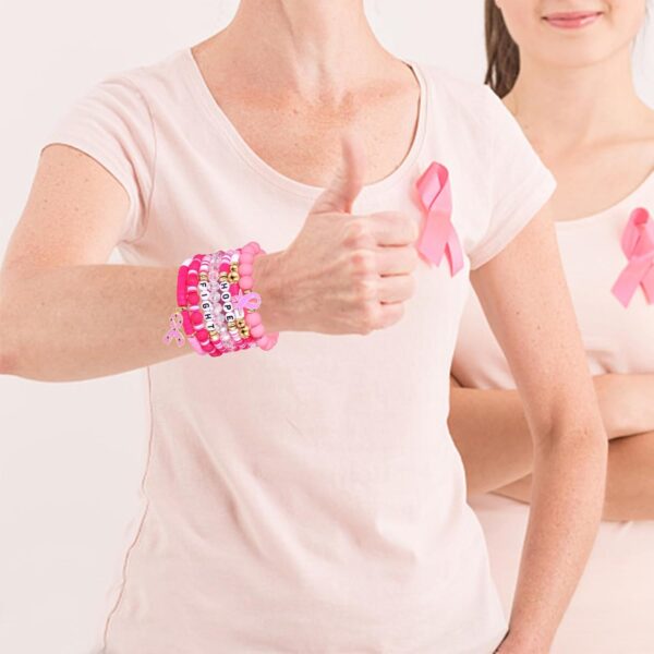 FAERLIIRY Pink Ribbon Bracelets Breast Cancer Survivor Gifts for Woman Glitter Beaded Bracelet HOPE FIGHT Pink Bracelets Breast Cancer Survivor Support Jewelry Gifts - Image 5