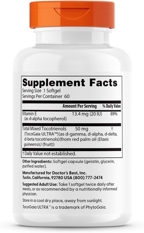Doctor's Best Vitamin E Tocotrienols contains TocoGaia ULTRA™ bioenhanced full spectrum vitamin E complex, 60 Count - Image 3