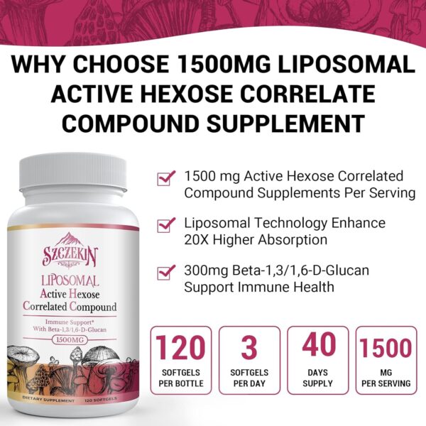 1500mg Liposomal Active Hexose Correlated Supplement,240 Soft Gels Beta-Glucans with Natural Mushroom Extract, Immune System, Liver Function, Maintain T-Cell & Killer Cell Activity - Image 3
