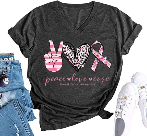 Breast Cancer T Shirt Women Pink Ribbon Shirts Funny Letter Print Cancer Fighter Tees Short Sleeve V-Neck Tops - Image 4