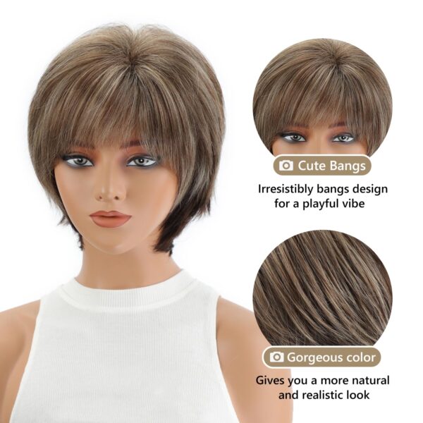 SEVENCOLORS Short Hair Wigs with Bangs Dark Brown Mixed Blonde Pixie Cut Wig for Women Straight Synthetic Fiber Wigs - Image 3