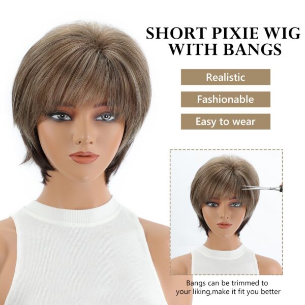 SEVENCOLORS Short Hair Wigs with Bangs Dark Brown Mixed Blonde Pixie Cut Wig for Women Straight Synthetic Fiber Wigs - Image 4