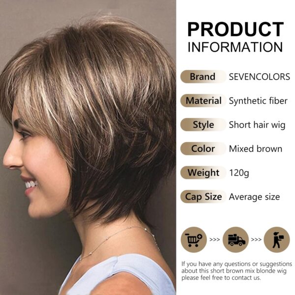 SEVENCOLORS Short Hair Wigs with Bangs Dark Brown Mixed Blonde Pixie Cut Wig for Women Straight Synthetic Fiber Wigs - Image 6