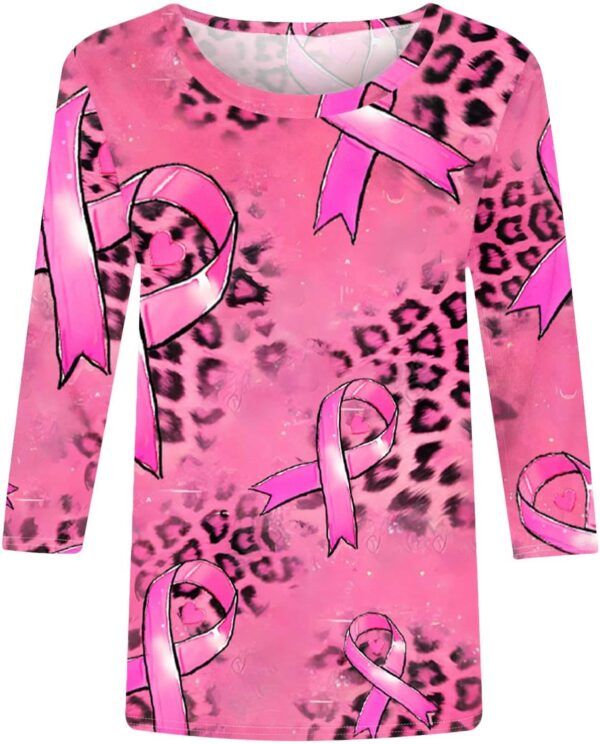 Breast Cancer Shirts for Women Breast Cancer Awareness Shirt Pink Ribbon Tee Tops Fall 3/4 Sleeve Round Neck Blouse - Image 3