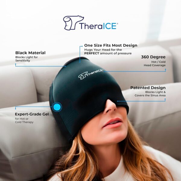 TheraICE Migraine Relief Cap, Soothing Headache Hat Ice Pack Mask, Face Cold Compress Cooling Gel Head Wrap Products for Tension, Stress & Hangover - Image 3
