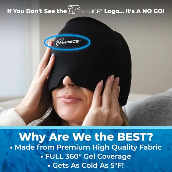 TheraICE Migraine Relief Cap, Soothing Headache Hat Ice Pack Mask, Face Cold Compress Cooling Gel Head Wrap Products for Tension, Stress & Hangover - Image 6