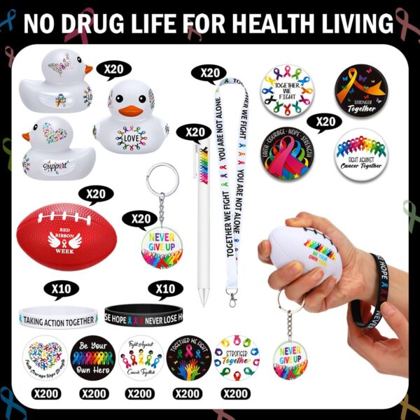 1140 Pcs Cancer Awareness Set Colorful Ribbon Oncology Nurse Accessories Include Lanyards Keychains Stickers Buttons Stress Balls Pens Silicone Bracelets Rubber Ducks - Image 3