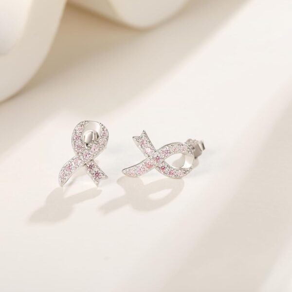 Breast Cancer Awareness Earrings 925 Sterling Silver Pink Ribbon Stud Bracelet Necklace Jewelry Survivor Gifts for Women - Image 3