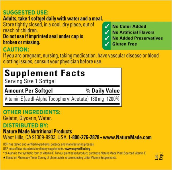 Nature Made Vitamin E 180 mg (400 IU) dl-Alpha, Dietary Supplement for Antioxidant Support, 300 Softgels, 300 Day Supply - Image 5