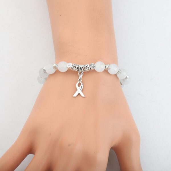 CENWA Lung Cancer Awareness Ribbon White Beads Bracelet Lung Cancer Awareness Gift For Her - Image 3