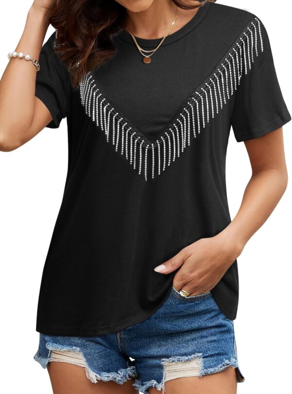 Womens Sparkly Rhinestone Fringe Tshirts Western Glitter Tassel Country Concert Outfits Sparkle Disco Cowgirl Tops - Image 4