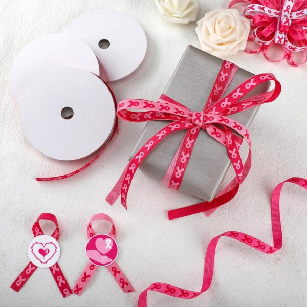 Crowye 100 Yards 4 Rolls Breast Cancer Awareness Ribbon 3/8 Inches Per Roll Grosgrain Pink Ribbon Printed Crafts Party Wreath Decorations Gift Wrapping Sewing - Image 4