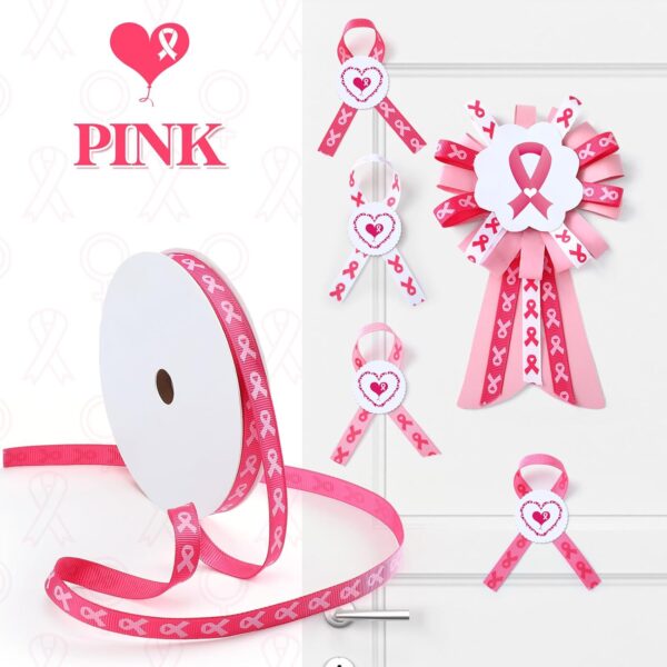Crowye 100 Yards 4 Rolls Breast Cancer Awareness Ribbon 3/8 Inches Per Roll Grosgrain Pink Ribbon Printed Crafts Party Wreath Decorations Gift Wrapping Sewing - Image 5