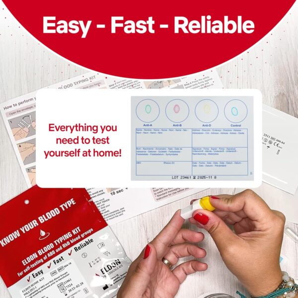 Eldoncard INC Blood Type Test (Complete KIT) - Find Out if You are A, B, O, AB & RH- Results in Minutes - Air Sealed Envelope, Safety Lancet, Micropipette, Cleansing Swab - 1 Pack - Image 3