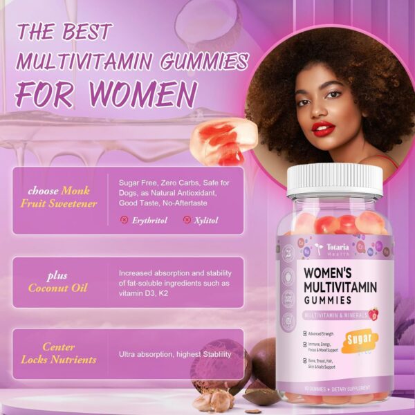 Sugar Free Multivitamin Gummies for Women 14+ w/Iron, Inositol, Folate, Biotin, Womens Daily Multivitamin Gummy w/Vitamin A, C, B, D3, K2, for Hair, Skin, Energy, Immune, Strawberry Flavor - Image 3