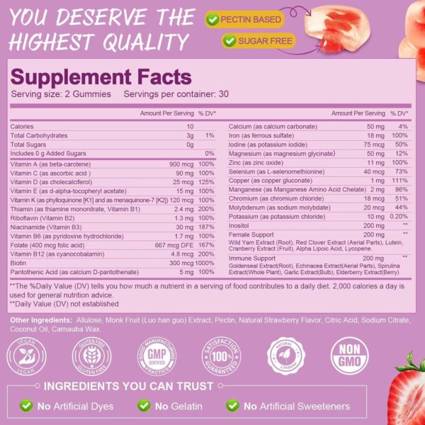 Sugar Free Multivitamin Gummies for Women 14+ w/Iron, Inositol, Folate, Biotin, Womens Daily Multivitamin Gummy w/Vitamin A, C, B, D3, K2, for Hair, Skin, Energy, Immune, Strawberry Flavor - Image 5
