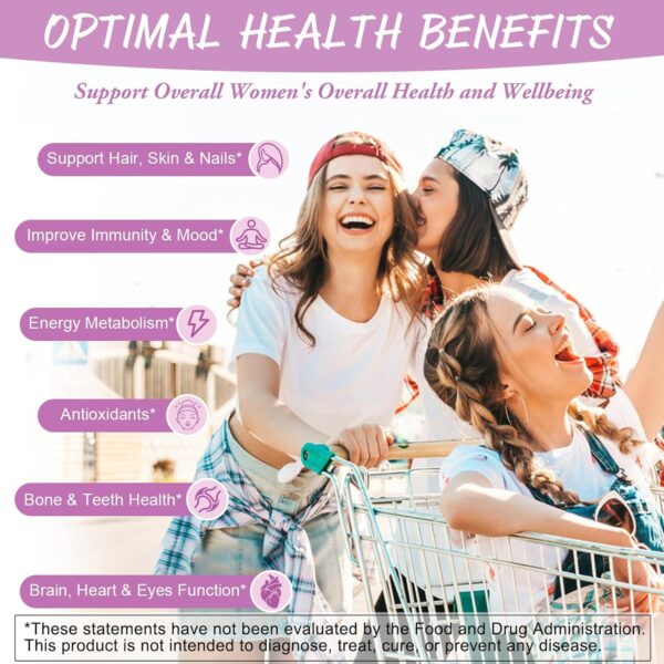 Sugar Free Multivitamin Gummies for Women 14+ w/Iron, Inositol, Folate, Biotin, Womens Daily Multivitamin Gummy w/Vitamin A, C, B, D3, K2, for Hair, Skin, Energy, Immune, Strawberry Flavor - Image 6