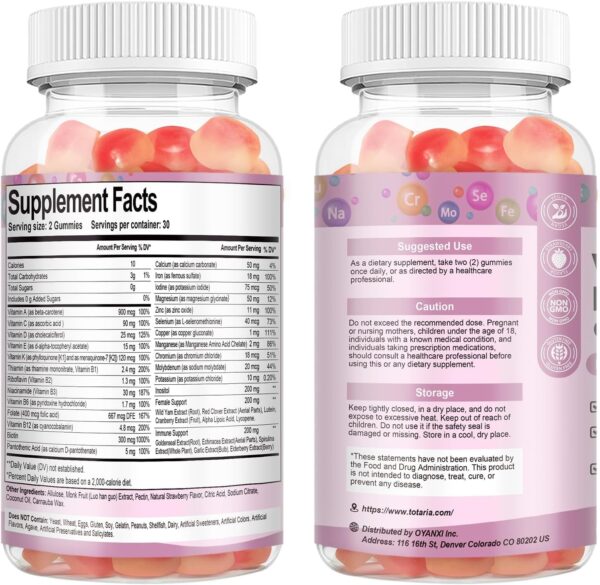 Sugar Free Multivitamin Gummies for Women 14+ w/Iron, Inositol, Folate, Biotin, Womens Daily Multivitamin Gummy w/Vitamin A, C, B, D3, K2, for Hair, Skin, Energy, Immune, Strawberry Flavor - Image 9