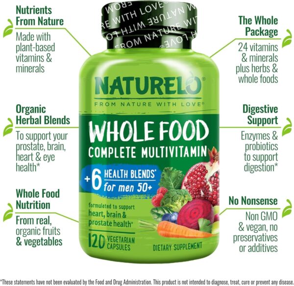 NATURELO Whole Food Multivitamin for Men 50+ - with Vitamins, Minerals, Organic Herbal Extracts - Vegan Vegetarian - for Energy, Brain, Heart and Eye Health - 120 Capsules - Image 5