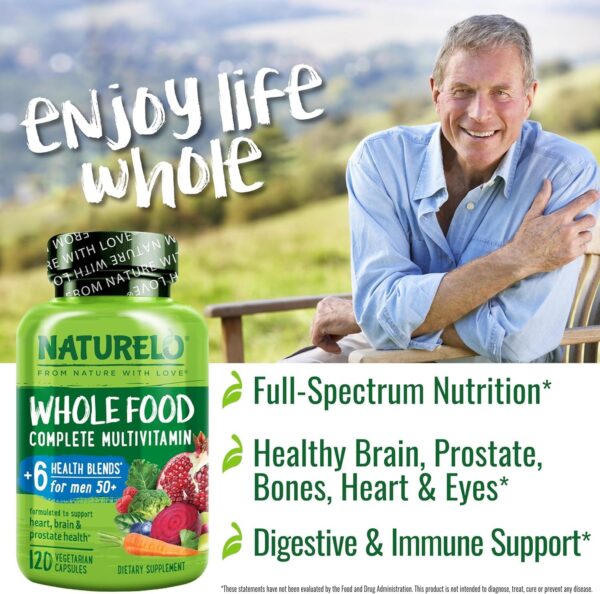NATURELO Whole Food Multivitamin for Men 50+ - with Vitamins, Minerals, Organic Herbal Extracts - Vegan Vegetarian - for Energy, Brain, Heart and Eye Health - 120 Capsules - Image 7
