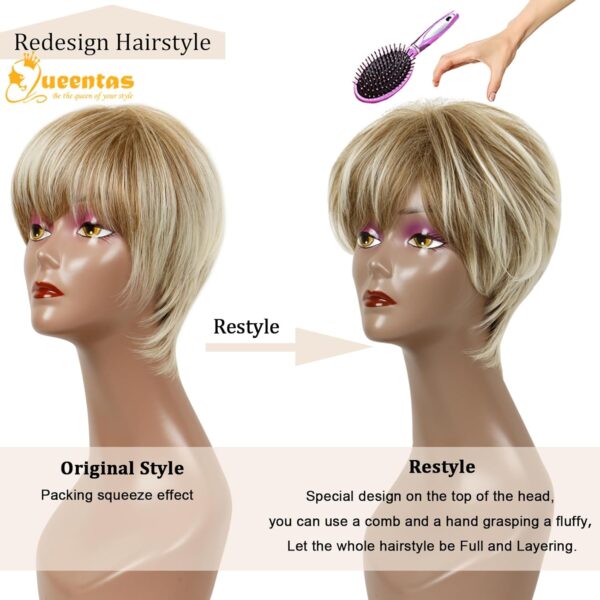 QUEENTAS Pixie Layered Short Blonde Wigs for White Women Black Women Synthetic Hair (Blonde Mixed Brown) - Image 3