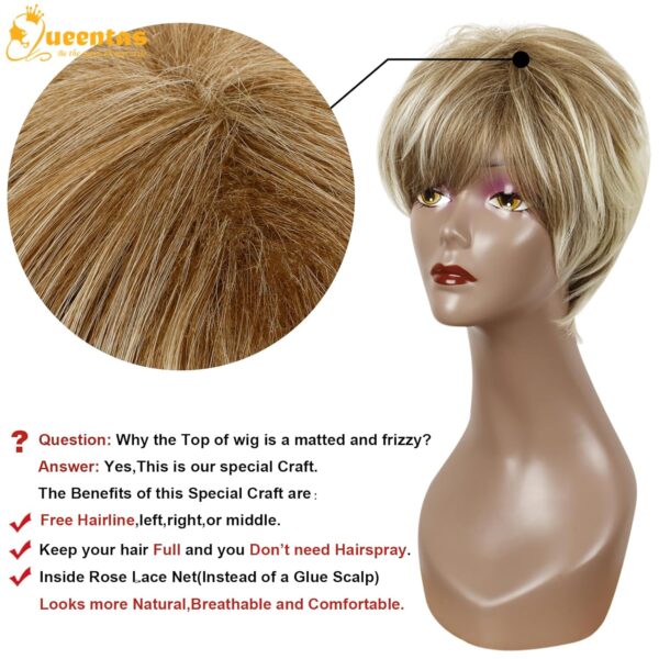 QUEENTAS Pixie Layered Short Blonde Wigs for White Women Black Women Synthetic Hair (Blonde Mixed Brown) - Image 4