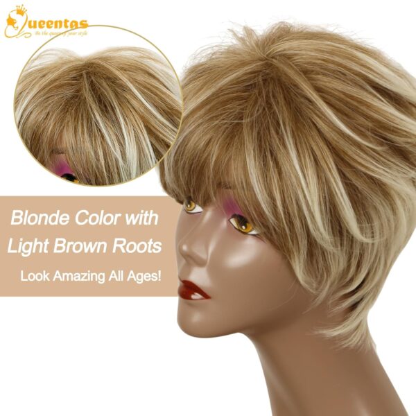 QUEENTAS Pixie Layered Short Blonde Wigs for White Women Black Women Synthetic Hair (Blonde Mixed Brown) - Image 5