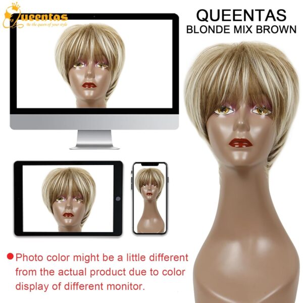 QUEENTAS Pixie Layered Short Blonde Wigs for White Women Black Women Synthetic Hair (Blonde Mixed Brown) - Image 7