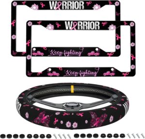 2PCS Breast Cancer Awareness License Plate Frame - Pink Ribbon License Plate Frame Fashion Auto Accessories Decorative Front and Rear Car Tags,Personalized License Plate Frame for Womens