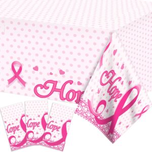 3 PCS Breast Cancer Tablecloth, Rectangular Plastic Table Covers, Disposable Pink Ribbon Tablecloth for Breast Cancer Day Supply Decorations