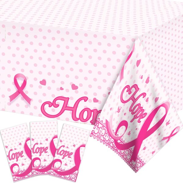 3 PCS Breast Cancer Tablecloth, Rectangular Plastic Table Covers, Disposable Pink Ribbon Tablecloth for Breast Cancer Day Supply Decorations