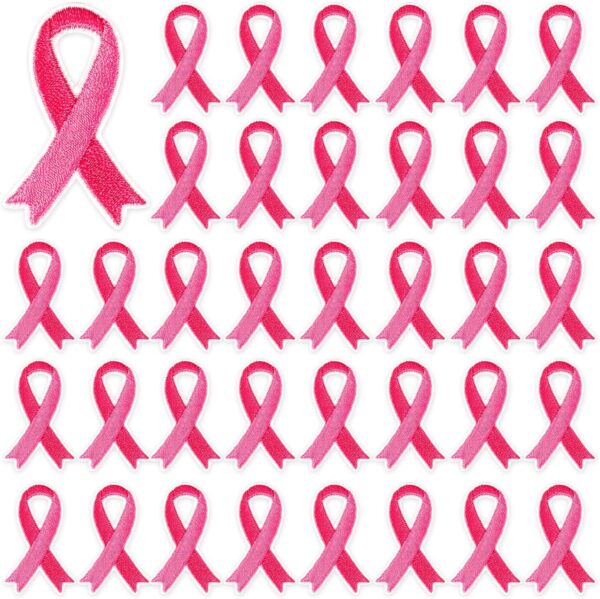 30 pcs Pink Ribbon Iron on Patches Breast Cancer Awareness Embroidered Sew Applique Repair Patch DIY Crafts for Women Girls Clothing Jacket Jeans Pants Dress Backpack Hat Decorations