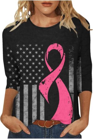 3/4 Sleeve Breast Cancer Awareness Tops for Women, Pink Ribbon Print Shirt, Cancer Warrior Tackle Lightweight Blouses
