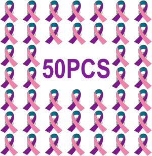 50 Pcs Pink Purple Teal Ribbon Pins Thyroid Cancer Awareness Enamel Lapel Brooch Cancer Awareness Products
