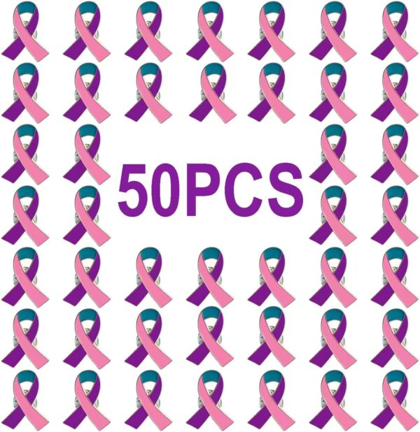 50 Pcs Pink Purple Teal Ribbon Pins Thyroid Cancer Awareness Enamel Lapel Brooch Cancer Awareness Products