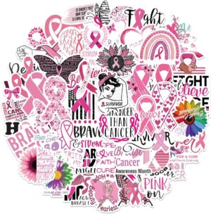 50pcs Breast Cancer Awareness Stickers for The People Care About Women Pink Ribbon Caring for Women's Health Stickers for Water Bottle, Laptop, Scrapbook, Journaling Supplies (Pink Ribbon)
