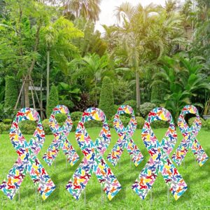 6 Pcs Ribbon Awareness Yard Signs with Metal Stakes 14" Ribbon Health Awareness Lawn Stakes Waterproof Patio Sign for Outdoor Garden Church(Multi Colored Ribbon)