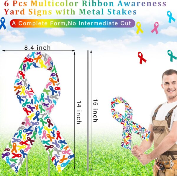 6 Pcs Ribbon Awareness Yard Signs with Metal Stakes 14" Ribbon Health Awareness Lawn Stakes Waterproof Patio Sign for Outdoor Garden Church(Multi Colored Ribbon) - Image 2