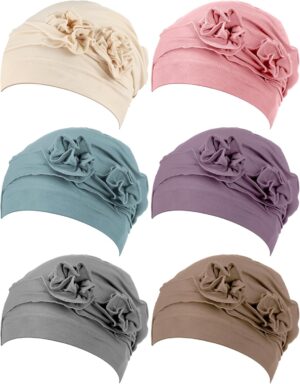 6 Pieces Chemo Turbans for Women Chemo Headwear Flower Cap Soft Cancer Hats Beanies Head Covering for Winter Gift
